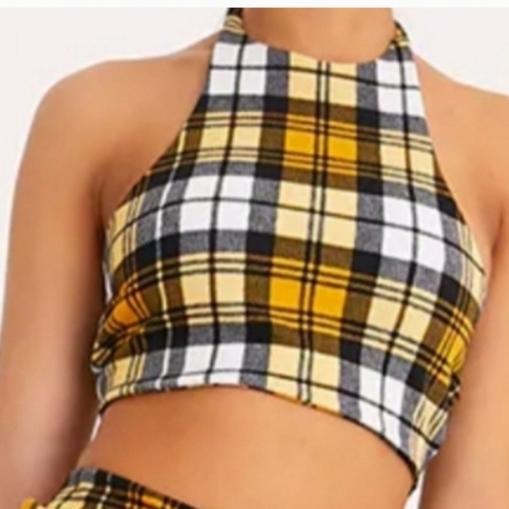 Pretty Little Thing Plaid Halter Top Yellow ‎ Black Sleeveless Crop Top Summer